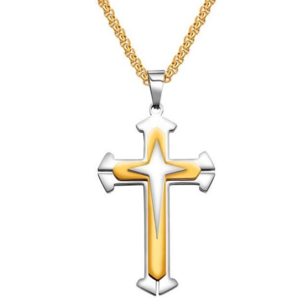 ❤️Gold and Silver HipHop Cross Necklace Religious, N90201P101 - Picture 6 of 7